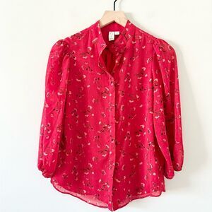 Joie Long Sleeve Button Front Blouse in Red Floral Chiffon Size XS